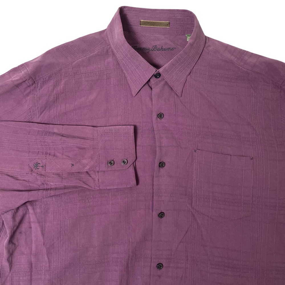 Tommy Bahama 100% Silk Button Up Shirt Mens XL Purple Quiet Luxury Formal